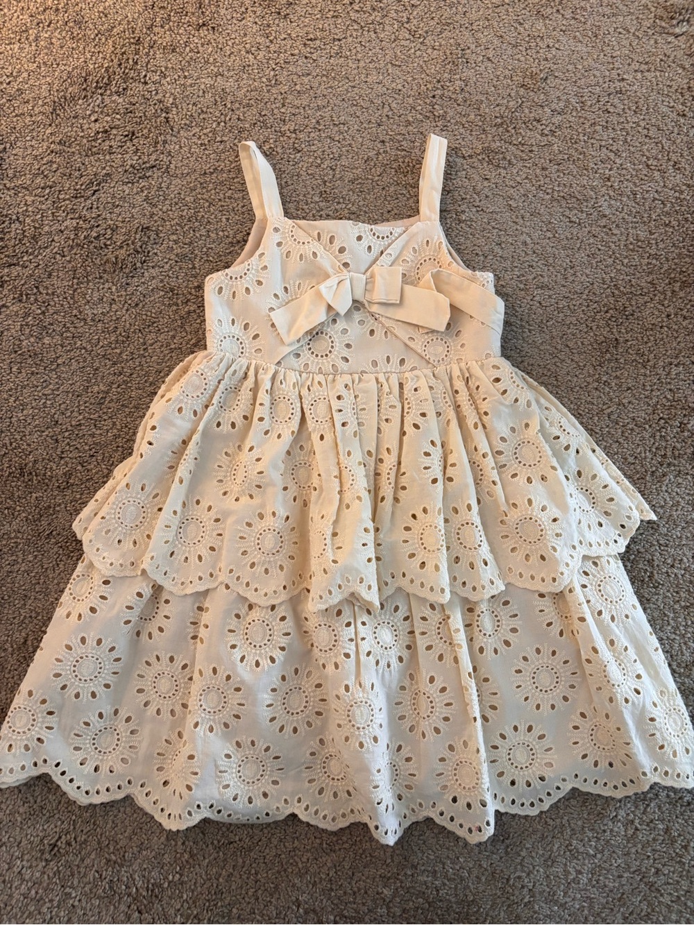 Blueberi Boulevard Cream Eyelet Tiered Dress with Bow Accent